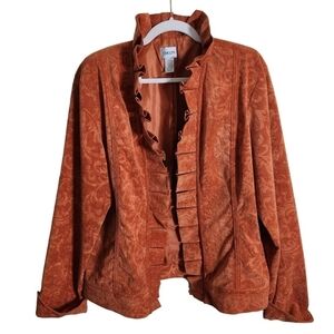 Chico's Orange Ruffled Micro Corduroy Tone On Tone Pattern Jacket Size 3(L)